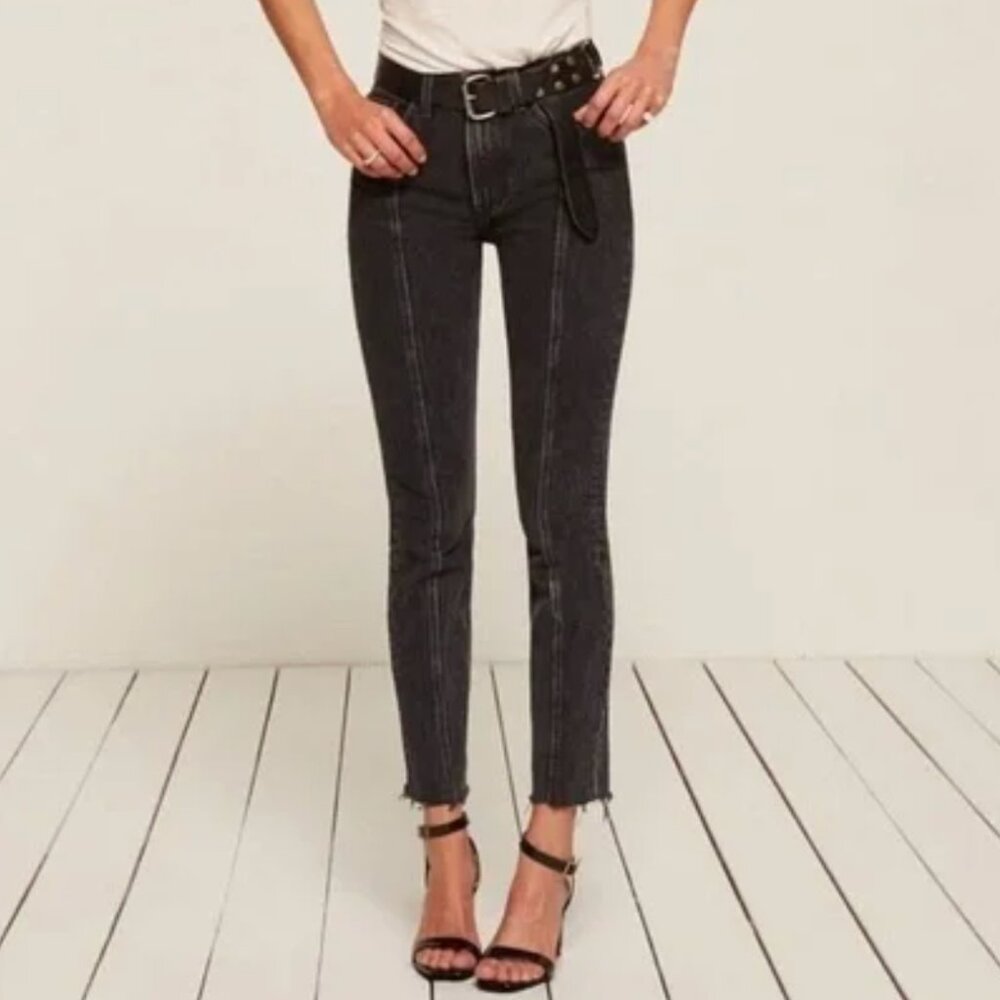 Reformation Black Denim Seamed Raw Hem High Rise Jeans Women's size 25